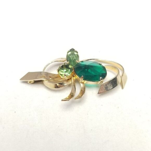 Vintage Green Rhinestone and Gold Tone Retro Brooch, 50s 60s Style, Estate - Picture 2 of 5